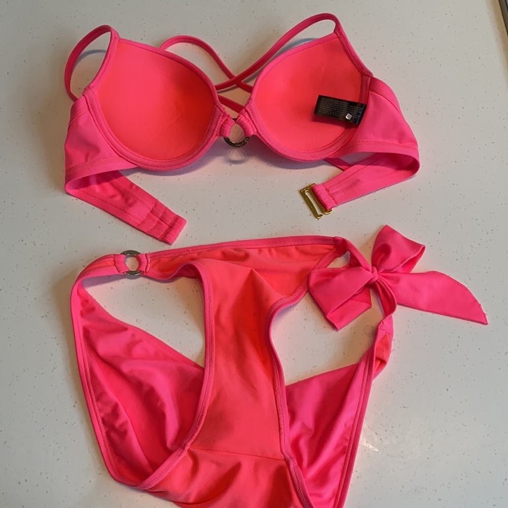 Smart & Sexy Neon Pink Gold Side Tie Bikini Swimsuit Set Size M 36B - Picture 7 of 8